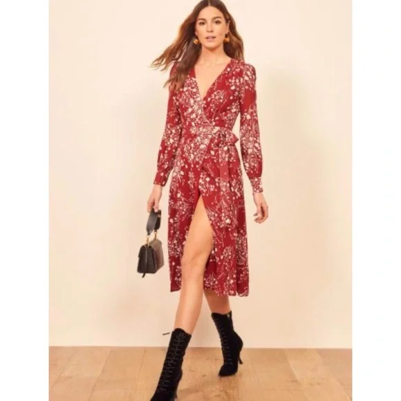 Reformation red floral wrap crepe midi dress WORN ON TV NEW - Picture 4 of 16